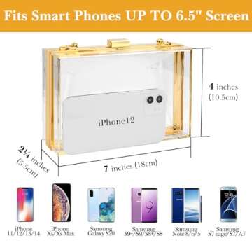 Women's Clear Purse, Acrylic Clear Clutch Bag, Transparent Stadium Approved Crossbody Shoulder Evening Handbag with Two Detachable Chains for Wedding, Party (Gold) (Fits Phones UP TO 6.5" Screen)