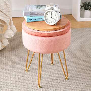 Cpintltr Foot Stool Velvet Storage Ottoman with Removable Lid Round Sofa Stools Foot Rest with Padded Seat Modern Style Makeup Stool Decorative Furniture Suitable for Lounge Dorm Room Blush