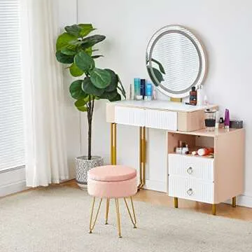Cpintltr Foot Stool Velvet Storage Ottoman with Removable Lid Round Sofa Stools Foot Rest with Padded Seat Modern Style Makeup Stool Decorative Furniture Suitable for Lounge Dorm Room Blush