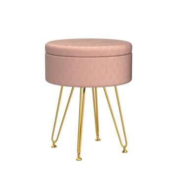 Cpintltr Foot Stool Velvet Storage Ottoman with Removable Lid Round Sofa Stools Foot Rest with Padded Seat Modern Style Makeup Stool Decorative Furniture Suitable for Lounge Dorm Room Blush