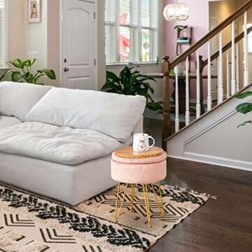 Cpintltr Foot Stool Velvet Storage Ottoman with Removable Lid Round Sofa Stools Foot Rest with Padded Seat Modern Style Makeup Stool Decorative Furniture Suitable for Lounge Dorm Room Blush