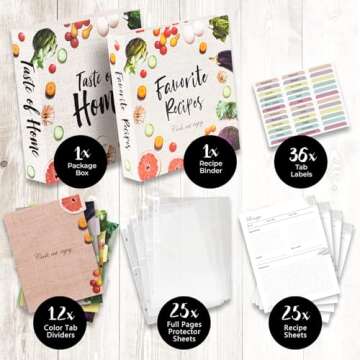 Recipe Binder 8.5x11, 3 Ring DIY Cookbook Binder Kit 12 Dividers & 25 Plastic Sleeves & 25 Recipe Pages & 36 Labels, Recipe Books Binder, Recipe Organizer Binder Kit, Recipe Book (Vegetable)