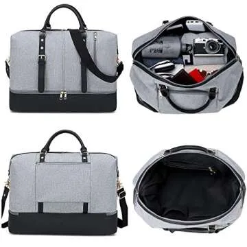 Weekender Overnight Bag Oversized Travel Duffel for Men and Women Carry On Tote Shoe Compartment (Grey-D)