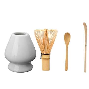 Japanese Matcha Tool Set Bamboo Scoop,Bamboo Spoon,Bamboo Whisk,Ceramic Whisk Holder Fit for Tea Cer...