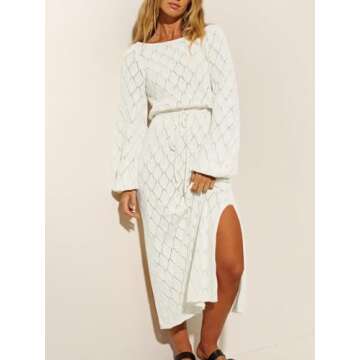Wenrine Women's Fall Long Sleeve Sweater Dress Scoop Neck Diamond Crochet Knit Midi Dresses White