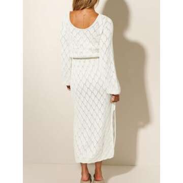 Wenrine Women's Fall Long Sleeve Sweater Dress Scoop Neck Diamond Crochet Knit Midi Dresses White