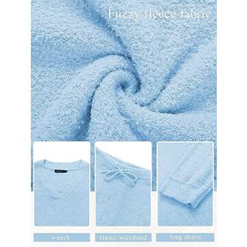 MEROKEETY Women's 2 Piece Outfits Fuzzy Fleece Pajama Set Long Sleeve Top Wide Leg Pants Loungewear,Lightblue,M