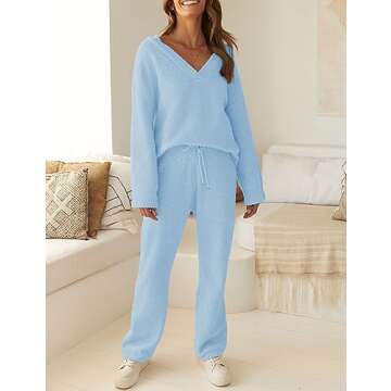 MEROKEETY Women's 2 Piece Outfits Fuzzy Fleece Pajama Set Long Sleeve Top Wide Leg Pants Loungewear,Lightblue,M