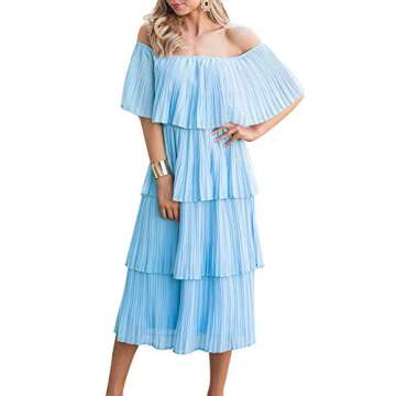 ETCYY Women's Off The Shoulder Ruffles Summer Wedding Guest Loose Casual Chiffon Long Party Beach Maxi Dress(XL.Blue)