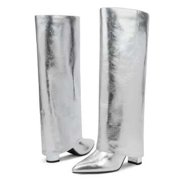 Modatope Silver Fold Over Knee High Boots Silver Boots for Women Knee High Boots Women Pointed Chunky Heeled Tall Boots Long Boots Size 7.5