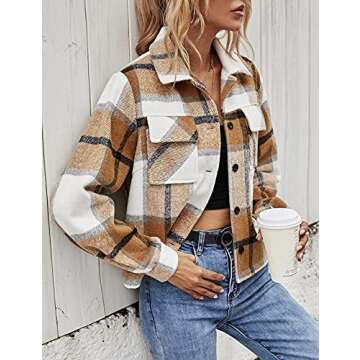 FindThy Women’s Cropped Wool Blend Plaid Shacket Long Sleeve Button Down Flannel Shirt Jacket Coat(0002-Khaki-M)