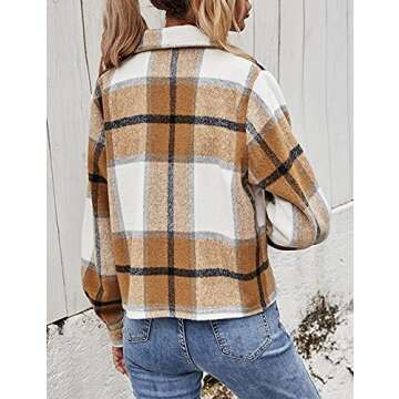 FindThy Women’s Cropped Wool Blend Plaid Shacket Long Sleeve Button Down Flannel Shirt Jacket Coat(0002-Khaki-M)