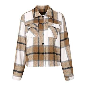 FindThy Women’s Cropped Wool Blend Plaid Shacket Long Sleeve Button Down Flannel Shirt Jacket Coat(0002-Khaki-M)