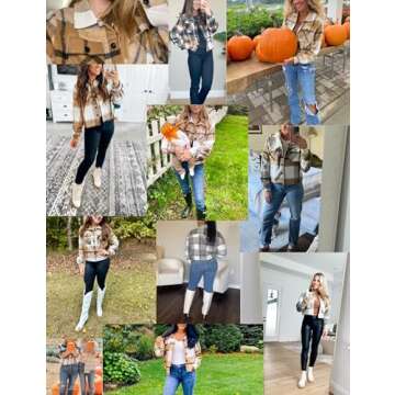 FindThy Women’s Cropped Wool Blend Plaid Shacket Long Sleeve Button Down Flannel Shirt Jacket Coat(0002-Khaki-M)