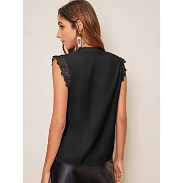 Milumia Women's Elegant Notch V Neck Sleeveless Blouse Guipure Lace Work Office Top (Black, Small, Sleeveless)