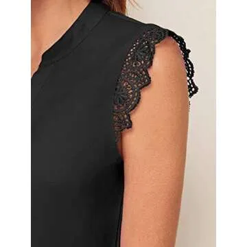 Milumia Women's Elegant Notch V Neck Sleeveless Blouse Guipure Lace Work Office Top (Black, Small, Sleeveless)
