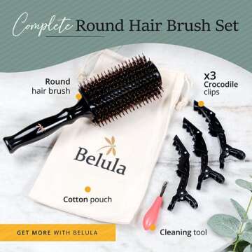 Boar Bristle Round Brush for Blow Out Set by Belula. Round Hair Brush For Blow Drying. Medium 2.4” Wooden Barrel. Hairbrush Ideal to Add Volume and Body. Free 3 x Hair Clips & Travel Bag
