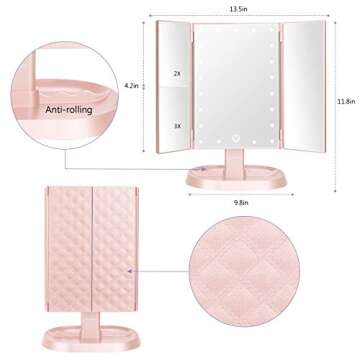 deweisn Trifold Lighted Vanity Makeup Mirror with 21 LED Lights,1x/2x/3x Magnification and Touch Scr...
