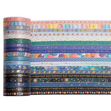 YUBX Skinny Galaxy Washi Tape Set 30 Rolls Gold Foil Decorative Starry Space Masking Tapes for Arts, DIY Crafts, Journals, Planners, Scrapbook, Wrapping