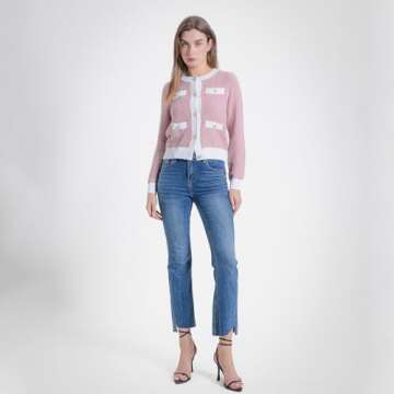 URBAN REVIVO Women's Cardigan Sweaters Open Front Pearl Button Down Long Sleeve Casual Lightweight Knit Trendy Fall Outfits Pink, Small