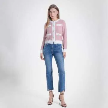 URBAN REVIVO Women's Cardigan Sweaters Open Front Pearl Button Down Long Sleeve Casual Lightweight Knit Trendy Fall Outfits Pink, Small