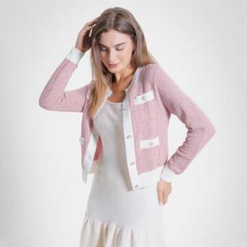 URBAN REVIVO Women's Cardigan Sweaters Open Front Pearl Button Down Long Sleeve Casual Lightweight Knit Trendy Fall Outfits Pink, Small