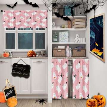 Arttown Cute Halloween Ghost Kitchen Curtains with Valance and Tier Sets 36 Inch, 3 Pieces Pink Kids Pumpkin Rod Pocket Drapes Window Treatment Curtains for Kitchen Over Sink Dining Room Decor