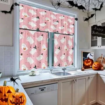 Arttown Cute Halloween Ghost Kitchen Curtains with Valance and Tier Sets 36 Inch, 3 Pieces Pink Kids Pumpkin Rod Pocket Drapes Window Treatment Curtains for Kitchen Over Sink Dining Room Decor