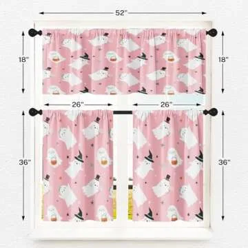 Arttown Cute Halloween Ghost Kitchen Curtains with Valance and Tier Sets 36 Inch, 3 Pieces Pink Kids Pumpkin Rod Pocket Drapes Window Treatment Curtains for Kitchen Over Sink Dining Room Decor
