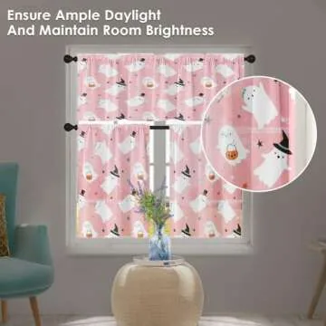 Arttown Cute Halloween Ghost Kitchen Curtains with Valance and Tier Sets 36 Inch, 3 Pieces Pink Kids Pumpkin Rod Pocket Drapes Window Treatment Curtains for Kitchen Over Sink Dining Room Decor
