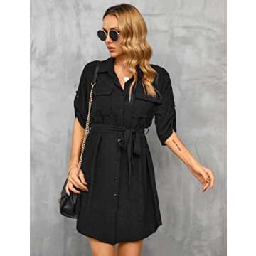 BMJL Women's Shirt Dresses Business Casual Dress Short Sleeve Button Down Work Dreses with Pocket(S,Black)