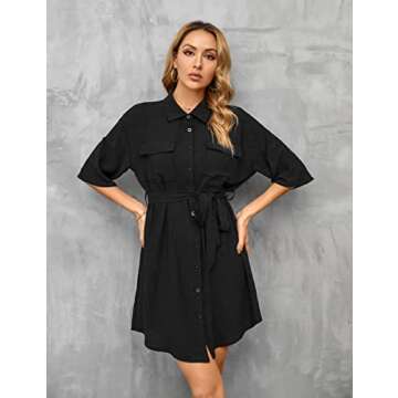 BMJL Women's Shirt Dresses Business Casual Dress Short Sleeve Button Down Work Dreses with Pocket(S,Black)