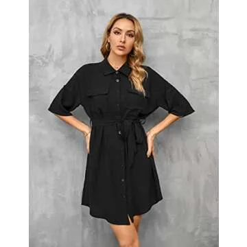 BMJL Women's Shirt Dresses Business Casual Dress Short Sleeve Button Down Work Dreses with Pocket(S,Black)