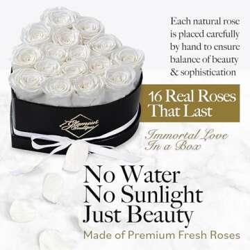 GLAMOUR BOUTIQUE 16-Piece Flowers Forever Heart Shape Box - Preserved Roses, Immortal Roses That Last A Year - Rose Eternal Preserved Flowers for Delivery Prime Mothers Day & Valentines Day - White