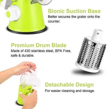 Geedel Rotary Cheese Grater, Kitchen Mandoline Vegetable Slicer with 3 Interchangeable Blades, Easy to Clean Rotary Grater Slicer for Fruit, Vegetables, Nuts