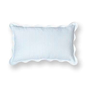 Hofdeco Premium Coastal Patio Indoor Outdoor Scalloped Lumbar Pillow Cover Only, 12"x20" Water Repellent for Backyard, Couch, Baby Blue Print Stripes