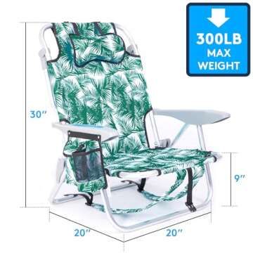 Canpsky Portable Beach Chair for Adults, Outdoor Lightweight Camping Chair Lay Flat Folding Backpack Beach Reclining Chair with 4 Positions, Headrest, Cooler Pouch, Cup Holder, Green Leaves