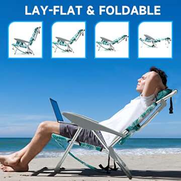 Canpsky Portable Beach Chair for Adults, Outdoor Lightweight Camping Chair Lay Flat Folding Backpack Beach Reclining Chair with 4 Positions, Headrest, Cooler Pouch, Cup Holder, Green Leaves