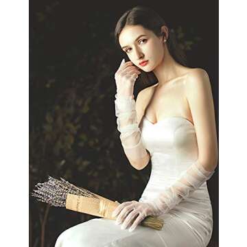 QRBTSCL Women's Wedding Bridal Mesh Tulle Gloves Long Opera Costume Party Gloves 27" Elbow Length Sheer Gloves White