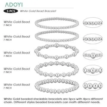 adoyi Silver Bracelets for Women, 14K Gold Plated Beaded Bracelets Strand Bead Ball Bracelet stack Set Strand Bracelet Adjustable Bracelet Set Jewelry for Gifts