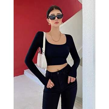 OQQ Women's 2 Piece Yoga Crop Top Seamless Stretch Basic Workout Exercise Long Sleeve, Black, Small