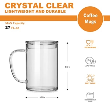 LUXU Glass Coffee Mugs Set of 2 - 27oz Versatile Beverage Glasses