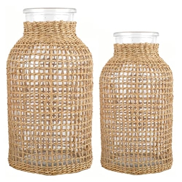DOITOOL Glass Flower Vase with Rattan Cover Flower Bud Vase Round Decorative Flower Vase Floral Cont...