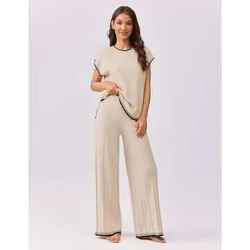 Ekouaer Womens Matching Sets Knit Sweater Sets 2 Pieces Outfits Pullover Tops Wide Legs Pants Lounge Set Beige