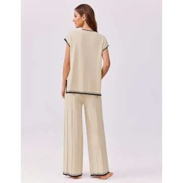 Ekouaer Womens Matching Sets Knit Sweater Sets 2 Pieces Outfits Pullover Tops Wide Legs Pants Lounge Set Beige