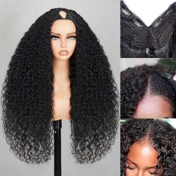 MEGALOOK 26 Inch V Part Wig Human Hair 12A Deep Curly Wig Human Hair Glueless U Part Human Hair wig ...