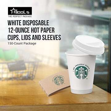 Bools White Disposable Hot Paper Cup, 12 Ounce, Sleeves and Lids Pack of 50 Each Packaged