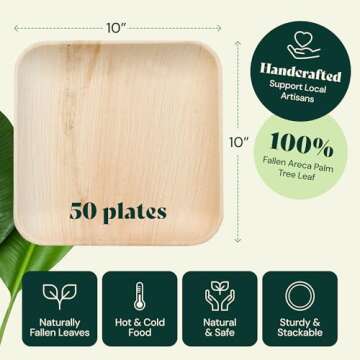 Chic Leaf Palm Leaf Plates Disposable Inch Square Pack Compostable Biodegradable & Eco Friendly Plates,Microwave Safe Disposable (1, 10'' (Pack of 50))