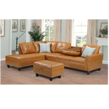 Transitional PU Faux Leather Sectional Sofa with Ottoman