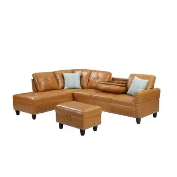 Transitional PU Faux Leather Sectional Sofa with Ottoman